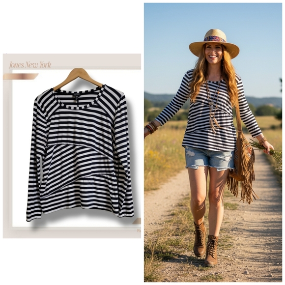 Jones New York Tops - 🌿Jones New York Women's XL Navy Blue White Multi Direction Striped Blouse